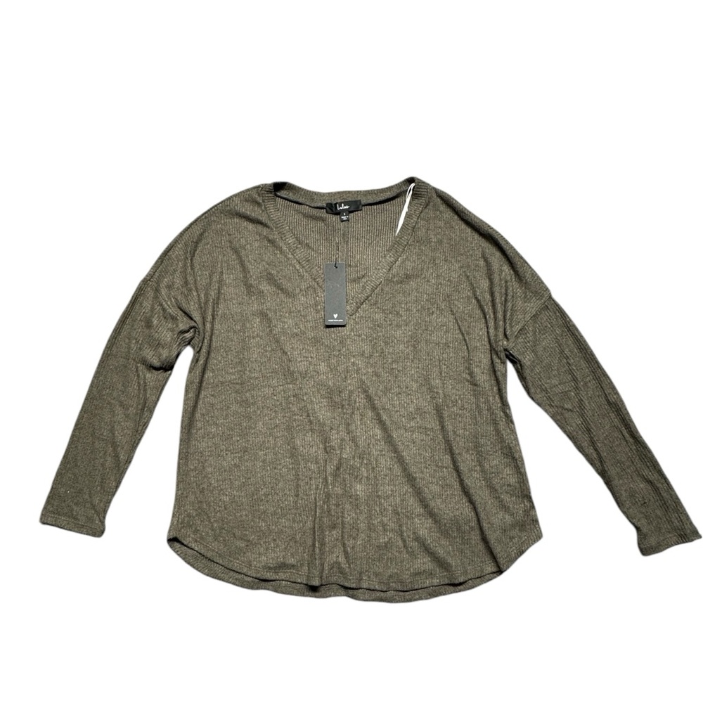 Lulus Just Vibing Ribbed V-Neck SweaterTop NWT Womens Size Small Olive‎ Green